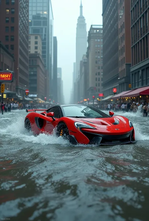 A sports car caught in a flood that occurred in New York City