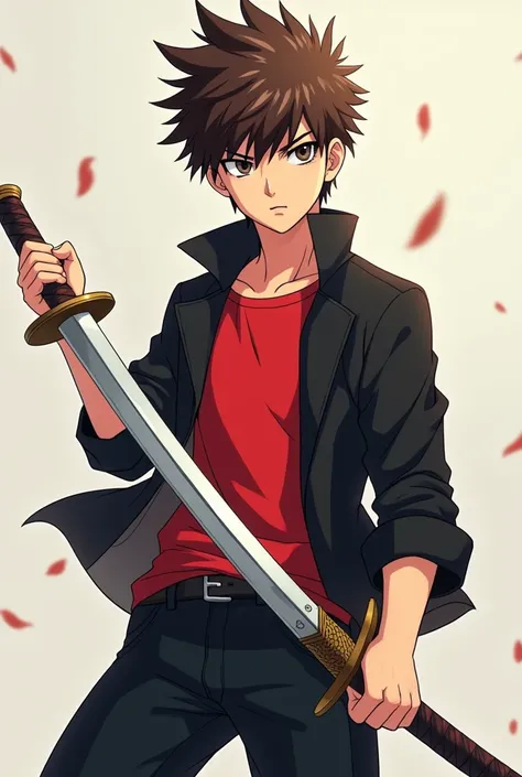 Anime boy ,white skin, under cut hair brown with sword, red shirth and black jacket