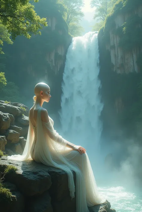 nude woman sitting on a ledge in a pool with a waterfall in the background, japanese goddess, giant stunning goddess shot, indian goddess, beautiful goddess, oriental fantasy, asian female water elemental, next to a waterfall, asian nymph bald goddess, asi...