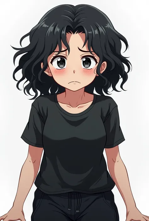 old female patient, black curly hair, ((wrinkles on face)), perfect symmetrical eyes, black pupils, looks miserable due to overuse of medicine, black blouse, black jogging pants, tired emotion, focus on face and torso, transparent background, anime style, ...