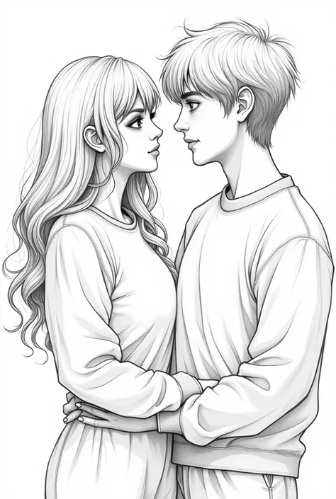 A black and white drawing of a couple looking at each other, She has bangs, her face is fuller, and her big eyes, besides having a fuller body and wearing a sweatshirt and she has wavy blonde hair, and long, voluminous hair