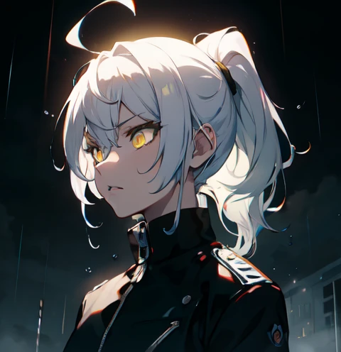 white blue hair, pony tail, yellow eyes, cool face, jacket, rain background