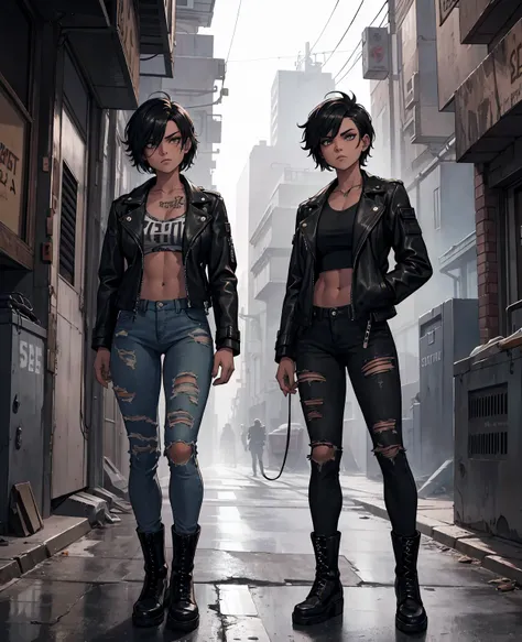 a tomboy girl with short hair, piercing eyes, muscular figure, wearing a leather jacket, ripped jeans and boots, standing in a gritty urban alleyway, grungy expression, cinematic lighting, dark moody color palette, photorealistic, hyper detailed