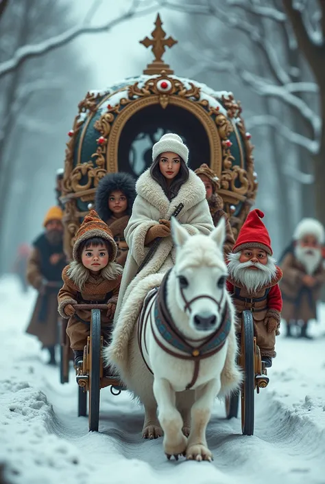 A large carriage with a princess wearing a winter dress made of white bear fur. She is wearing a cap that covers her long black hair. She is accompanied by 7 dwarfs!
A dwarf has black hair.
A dwarf has red hair.
A dwarf is blonde.
A dwarf has black skin.
A...