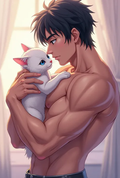 A guy, black hair, blue eyes, six pack, naked, have sex with white kitten, anime