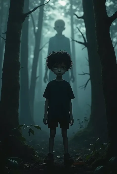 A tall boy with black hair and grey eyes in a dark and shadowy forest, while behind him there is a shadow in the shape of a boy.