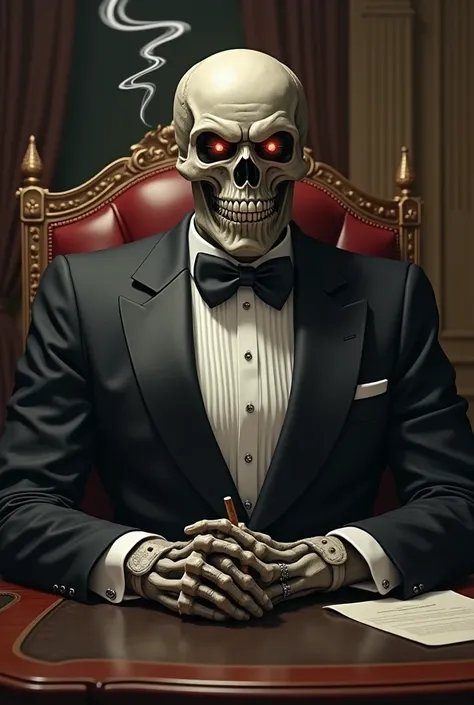 businessman, robust man, wearing a tuxedo with a skull face making an evil smile, sitting at his desk with a cigar in hand
