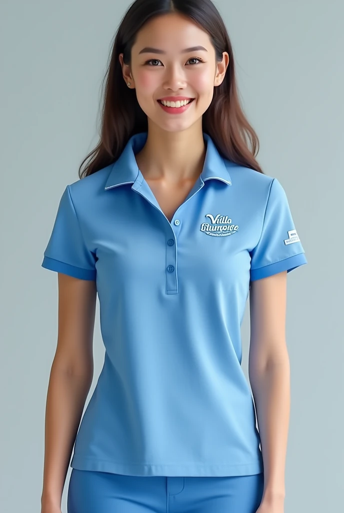 Design a complete uniform for a drugstore called Villa Magna with blue and white colors and a logo that says Villa Magna. The shirt should be a casual polo for women. 