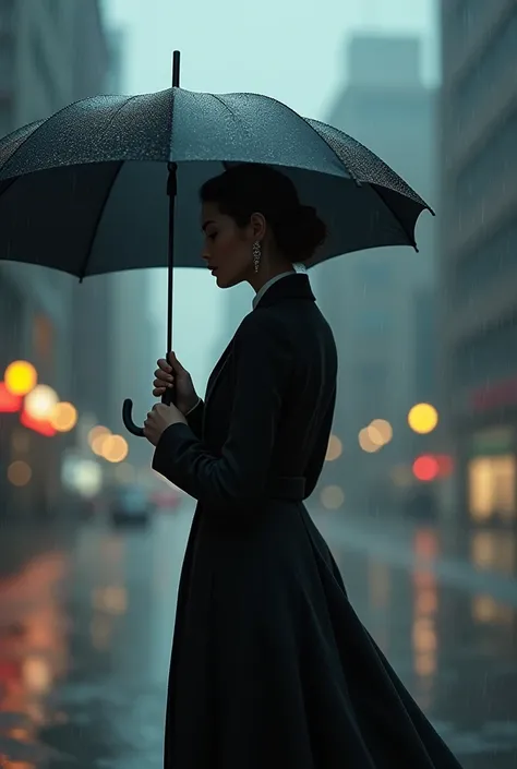 An elegant woman under the rain with a black umbrella preventing her from getting wet.