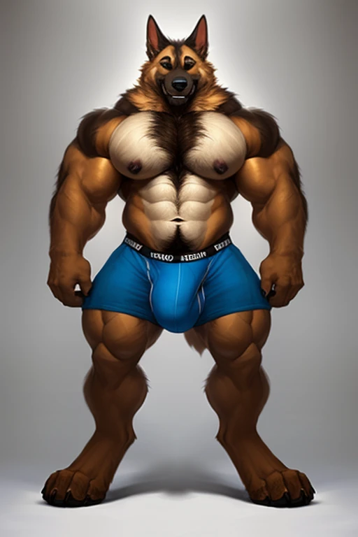 4k, high resolution, best quality, perfect lighting, solo, anthro, dog, German Shepherd, furry body, hairy body, male, adult, (bulky, thick muscles:1.25), (biceps, huge pecs, broad shoulders:1.1), (thick legs, thick calves:1.1), (digitigrade legs, 4 toes:1...