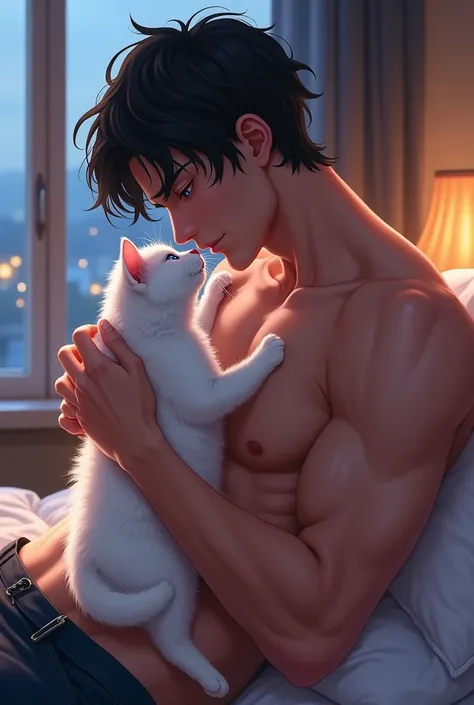 A guy, black hair, blue eyes, six pack, naked, have sex with white kitten in the bed at evening, anime