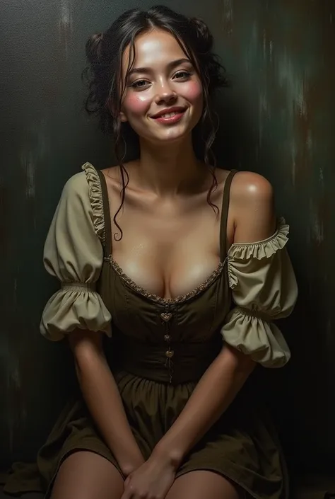 Style by Style Style Crypt Award winner, Spectacular oil painting of a beautiful medieval peasant girl, 15yo, (seductive expression:1.2), erotic espression, an ominous, evil, (Backlight:1.3), Digital Painting, concept art, Smooth, Sharp focus, Three-part m...