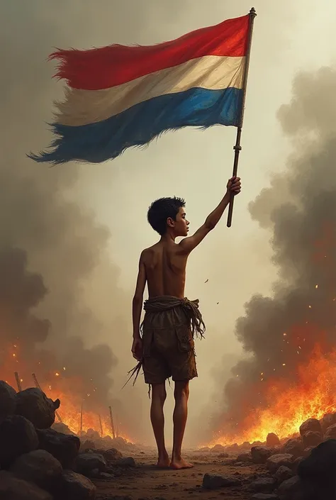 a tall boy, barefoot and thin with torn and dirty clothes, in the midst of a battle during the 1770 war
 holding the Paraguayan flag, red in color, white and blue horizontally.
In the background, only smoke and fire