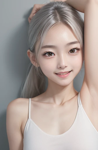 armpits,Create a photo of a korean Asian teenager,((beautiful cute idol girl:1.5)), plutinum silver hair,11yo,narrow eyes:1.5,slim face,slim neck,((thinbody)),white tite tanktop,((rasping)),((frat chest)),((clavicle)),((Narrow eyes：1.5))、(Thin arms)、(Thin ...