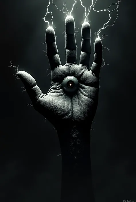 Lovecraftian-style monster that takes the form of a giant black hand, of four fingers, terrifying and without a wrist (only the hand), floating through space, with a large eye in the middle, traversed by electricity 