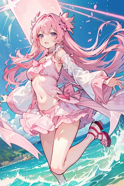 (flying debris), (Highest quality), Very detailed, ((1 person)), Focus Only，Low Angle，dynamic，Jump，((smile))，Perfect Face, Beautiful Face, Very detailedな顔，(Pink long hair_Pink Eyes:1.3)，Swimwear，Idle only，Gorgeous hair ornament,sing，Laugh with your mouth w...