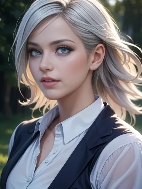 (Best quality,ultra detailed,photorealistic:1.37),Bright and rich colors, studio lighting, playful facial expression, stylish makeup ,( Business jacket )  ,silver hair blowing in the wind, inviting eyes, glossy lips, sexy pose, ,posing for a professional p...