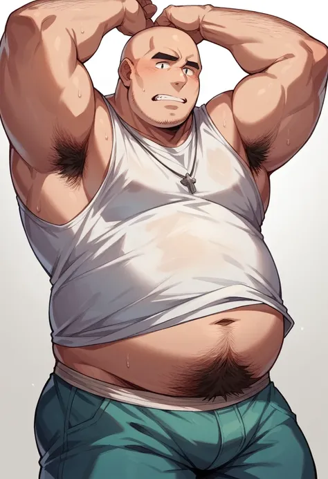 Bald, slightly overweight man without a shirt, with loose pants showing hair, volume in the middle of the pants, arms up, hairy armpit and hairy body, fully body, 8k, super detail