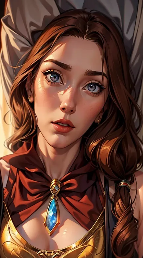 best quality, artwork, (realisitic: 1.2), 1 girl, slender girl, russet hair, eyes browns, 正面, face detailed, gorgeous eyes, eyes...