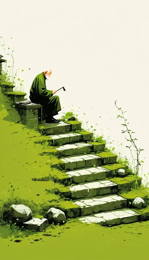 中国水墨画sketch：Light Ink，Lowercase，sketch，artistic conception，Old man on mossy steps，Child under the stairs。Minimalism，(((Negative Space,Bottom left composition)))