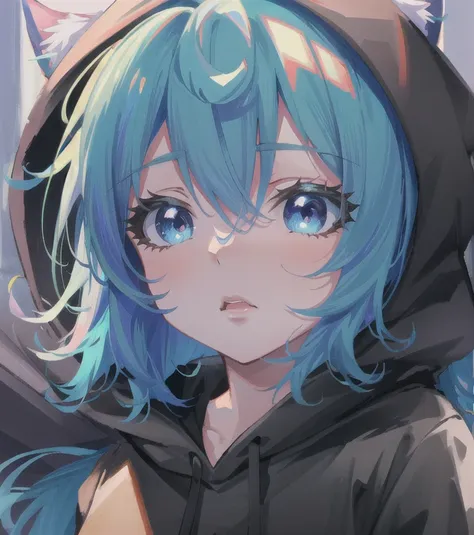 Anime girl with hoodie with blue hair and cat ears, anime moe art style, anime style 4 k, anime style portrait, portrait of cute anime girlbabes, kawaii realistic portrait, Anime style. 8K, portrait of cute anime girlbabes, portrait of anime girl, digital ...