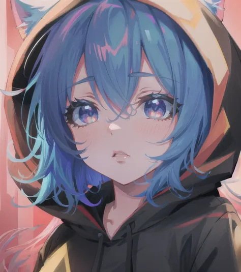 anime girl with hoodie with blue hair and cat ears, anime moe art style, anime style 4 k, anime style portrait, portrait of cute...