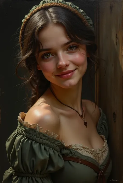 Style by Style Style Crypt Award winner, Spectacular oil painting of a beautiful medieval peasant girl, 15yo, (seductive expression:1.2), erotic espression, an ominous, evil, (Backlight:1.3), Digital Painting, concept art, Smooth, Sharp focus, Three-part m...