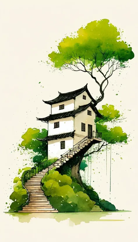 中国水墨画sketch：Light Ink，Lowercase，sketch，artistic conception，The big tree on the stairs，Small house，Minimalism，(((Negative Space,Bottom left composition)))