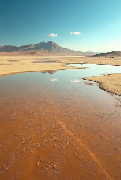 Realistic photo of Nazca lines in the desert reflecting in the azure sky