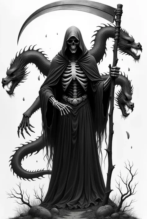 Black and white drawing of an extremely frightening reaper with a scythe. The reaper should have an imposing gaze and an air of superiority. Ao redor dele, include fearsome creatures in the style of Chinese dragons, with sinister details and a menacing pre...