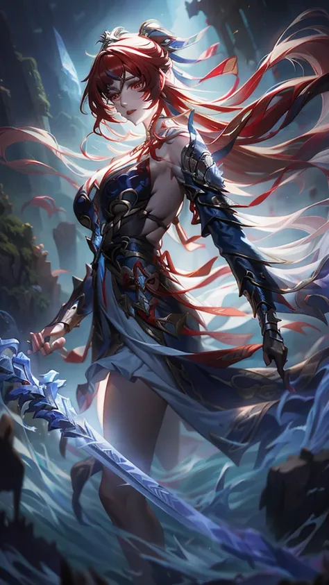 （best quality,masterpiece,Ultra-high resolution,photoactual:4：0),In the ruined castle,beauty,Elegant temperament,an oriental woman,25 years old,8k,Long flowing red hair,Devils Horn,Big breasts,cleavage,,Wearing red lolita style,Magic Effects,steel sword,Bl...