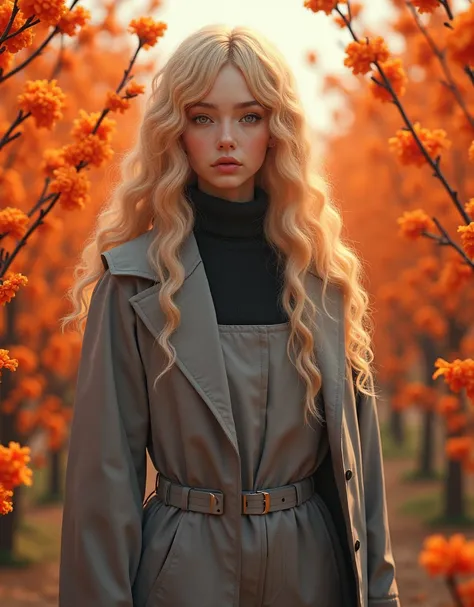 woman standing in front of a bush of orange flowers, beautiful futuristic hairstyle, close-fitting, anime girl cosplay, very, very long blonde curly hair, gray coat with a stand-up collar, Hyper-realistic aesthetics, honeysuckle, Anime Character; full body...