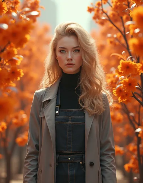 woman standing in front of a bush of orange flowers, beautiful futuristic hairstyle, close-fitting, anime girl cosplay, very, very long blonde curly hair, gray coat with a stand-up collar, Hyper-realistic aesthetics, honeysuckle, Anime Character; full body...