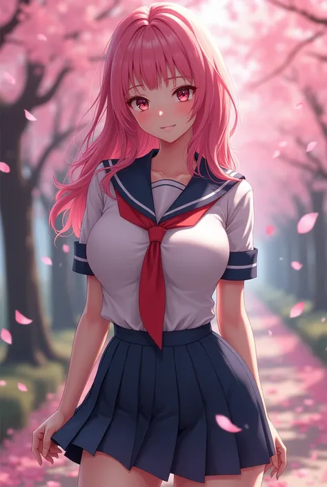 A Japanese girl wearing a school uniform, with huge breasts in a cleavage and pink hair in front of a cherry blossom forest