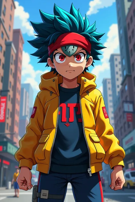 Young My Hero Academia style, tanned skin, blue hair, red eyes, wearing a yellow jacket with a red headband and a hockey mask. 