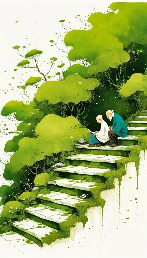 中国水墨画sketch：Light Ink，Lowercase，sketch，artistic conception，An old man and a child on the moss-covered steps。Minimalism，(((Negative Space,Bottom left composition)))