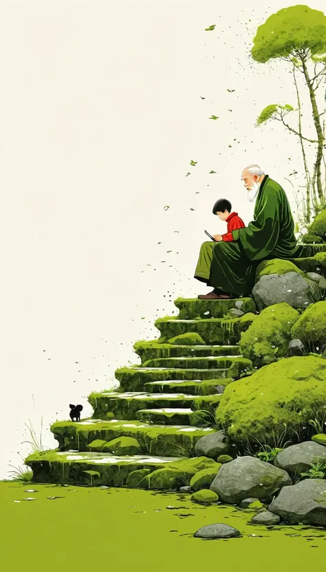 中国水墨画sketch：light ink，lowercase，sketch，artistic conception，an old man and a child on the moss-covered steps。minimalism，(((negati...