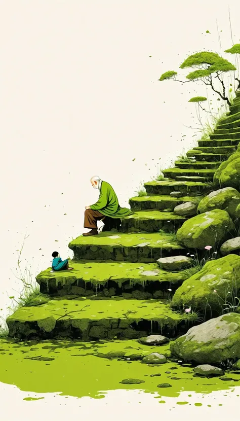 中国水墨画sketch：Light Ink，Lowercase，sketch，artistic conception，An old man and a child on the moss-covered steps。Minimalism，(((Negative Space,Bottom left composition)))