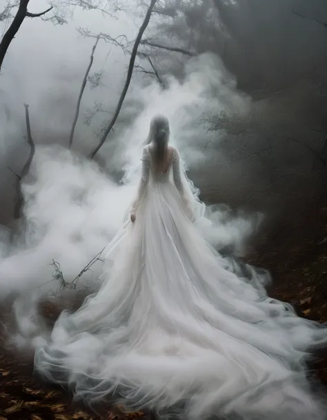 dress made of fog:1.2, msfg, fog, walkwoman:1.2, in the woods, fog background, high detailed, high quality, masterpiece, depth o...