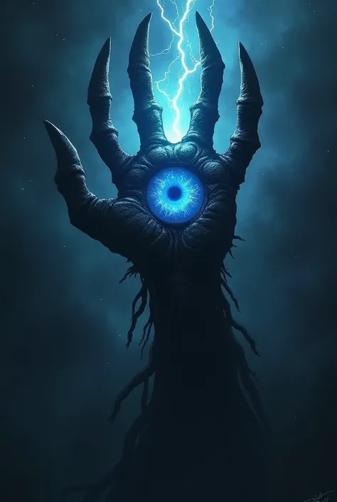 Lovecraftian-style space monster that has the shape of a hand without a wrist, of four fingers pointing upwards, black and terrifying in color, floating through space, with a large blue eye in the middle, traversed by electricity.