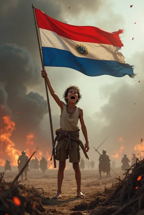 a tall boy, barefoot, thin with torn clothes, dirty and screaming, in the midst of a battle during the 1770 war
 holding the Paraguayan flag, red in color, white and blue horizontally.
In the background, only smoke and fire