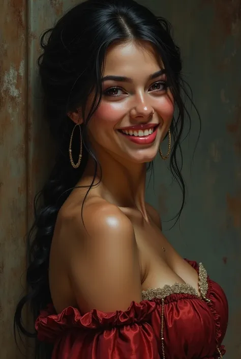 Style by Style Style Crypt Award winner, Spectacular oil painting of a beautiful medieval latina peasant girl, 35yo, (seductive expression:1.2), erotic espression, an ominous, evil, (Backlight:1.3), Digital Painting, concept art, Smooth, Sharp focus, Three...