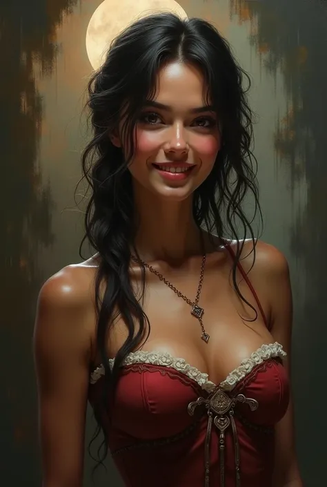 Style by Style Style Crypt Award winner, Spectacular oil painting of a beautiful medieval latina peasant girl, 35yo, (seductive expression:1.2), erotic espression, an ominous, evil, (Backlight:1.3), Digital Painting, concept art, Smooth, Sharp focus, Three...