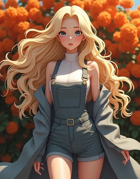 woman standing in front of a bush of orange flowers, beautiful futuristic hairstyle, close-fitting, anime girl cosplay, very, very long blonde curly hair, gray coat with a stand-up collar, Hyper-realistic aesthetics, honeysuckle, Anime Character; full body...