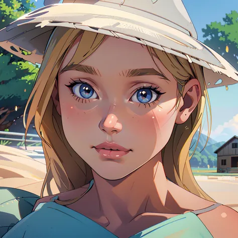 Realistic photo of a beautiful 18 year old m1l3yc, (best quality,ultra-detailed,realistic:1.2),beautiful detailed eyes,beautiful detailed lips,blonde hair,short shirt,bikini,cowboy hat,on a farm,next to a mill,illustration,detailed scenery,soft lighting,vi...