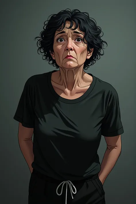 middle aged female patient, black curly hair, ((wrinkles on face)), perfect symmetrical eyes, black pupils, looks miserable due to overuse of medicine, black blouse, black jogging pants, tired emotion, focus on face and torso, transparent background, anime...