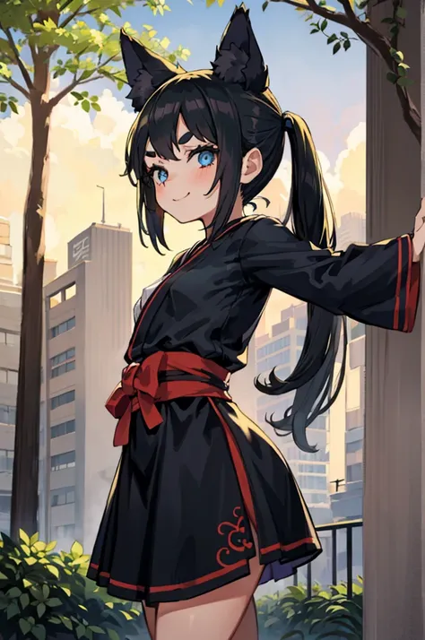 young girl with black hair, long twintail, twintail hairstyle, (blue eyes), ((small bushy eyebrows)), (wolf ears up), wearing go...