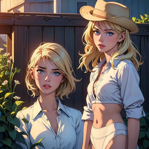 Realistic photo of a beautiful 18 year old m1l3yc, (best quality,ultra-detailed,realistic:1.2),beautiful detailed eyes,beautiful detailed lips,blonde hair,short shirt,bikini,cowboy hat,on a farm,next to a mill,illustration,detailed scenery,soft lighting,vi...