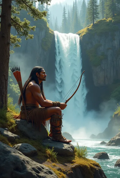 American Indian at a waterfall,with bow and arrow
Sitting near the water