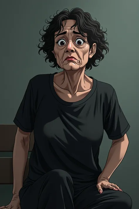 middle aged female patient, black curly hair, ((wrinkles on face)), perfect symmetrical eyes, black pupils, looks miserable due to overuse of medicine, black blouse, black jogging pants, tired emotion, focus on face and torso, ((transparent background)), a...